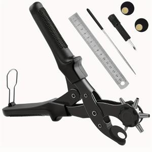 TEMU 회전 가능한 펀칭 헤드가 있는 벨트 구멍 펀칭기 | 조절 가능한 구멍 크기, 자, 추가 플레이트, 스크루드라이버가 장착된 구멍 펀칭기, 벨트, 카드, 고무, 종이, 금속 재질에 적합, 비전기식