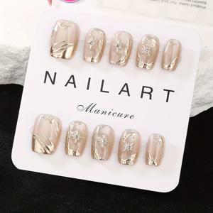 TEMU 아름답고 스타일리시한 향수 스타일, 프렌치 매니큐어, 10개/세트, 샴페인 컬러, 숏 트라페조이드, 패치 매니큐어, 웨어러블 네일 아트, 핸드메이드, 우아하고 넉넉한 디자인, 젤 폴리쉬, 글리터, 캣아이 효과, 메탈릭 광택