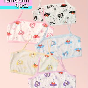 TEMU 4개 랜덤 색상 여아용 발달 속옷, 귀여운 캐미솔 조끼, 딸기 토끼 하트 패턴, 전신 프린트, 얇은 스트랩 브라, 편안하고 통기성 좋은 여아용 속옷