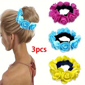 TEMU 스타일 레드 컬러 장미 머리끈 3개 세트 | 시뮬레이션 플라워 고탄력 헤어밴드, 요정 스타일 헤어 액세서리, 웨딩 신부 휴가 액세서리, 데일리 파티 헤어스타일링 도구, 손상 없는 헤어 액세서리 세트