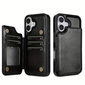 TEMU 아이폰 16E, 16 Pro Max, 15 Plus, 14, 13, 12, 11, X, XR, XS Max용 인공 가죽으로 만든 단색 지갑 케이스, 더블 버튼 사이드 스티커, 카드 슬롯, RFID 차단, 킥스탠드, 및 자기 플립 기능이 있는 비즈니스용 충격 방지 보호 커버