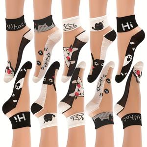 TEMU 10쌍 여성용 귀여운 고양이 패턴 통기성 메쉬 발목 양말 - 재미있는 키티 디자인, 세탁 가능, 고양이 애호가를 위한 완벽한 선물, 캐주얼 착용감, 편안한 핏