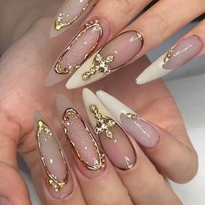 TEMU 프렌치 스타일 골드 라운드 비즈 장식 네일 아트, 긴 아몬드 모양 인조 손톱 24개, 간편하고 우아한 네일 팁