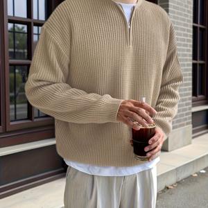 TEMU 남성 패션 V넥 지퍼 디자인 솔리드 컬러 스웨터 드롭 숄더 니트 가을 겨울 캐주얼 스웨터