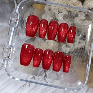 TEMU 생생한 레드 글리터가 돋보이는 고양이 눈 효과가 있는 수제 프레스온 네일 10개 세트, 여성용 광택 짧은 코핀 스타일 인조 손톱