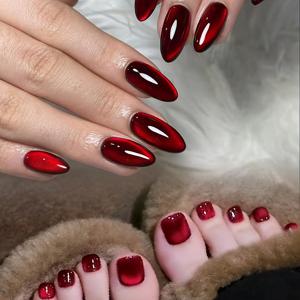 TEMU 48개입 물방울 레드 캣아이 프레스 네일 세트, 소프트 젤 재질, 12가지 사이즈, 여름용 여성용 매니큐어, 어머니날 선물, 파티 및 일상 사용 가능, 네일 파일 & 젤리 글루 포함