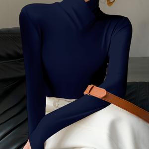TEMU 여성용 우아한 네이비 블루 노치 라펠 긴소매 풀오버 탑, 크로스 오버 칼라, 활용도 높은 스타일, 신축성 있고 편안한 핏, 캐주얼하고 아늑함, 사계절용, 캐주얼한 외출에 이상적