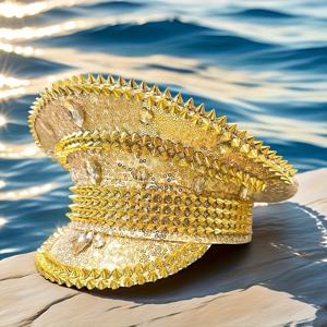 TEMU 여성 및 남성용 블링 라인스톤 캡틴 모자 | 조절 가능한 파티 캡, 반짝이는 스팽글, 폴리에스터, 버닝 맨, 테마 파티, 마르디 그라, 레이브, 코스프레, 디스코, 졸업 파티, 공연, 새해, 파티 용품에 적합