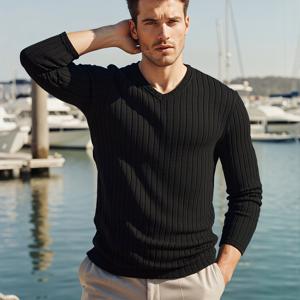 TEMU 남성용 이른 봄 신상품 단색 브이넥 긴소매 골지 브러시드 티셔츠, 패셔너블한 캐주얼 심플 출퇴근용 풀오버 상의