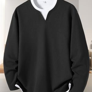 TEMU 남성용 가을/겨울 와플 니트 2-in-1 룩 긴팔 티셔츠