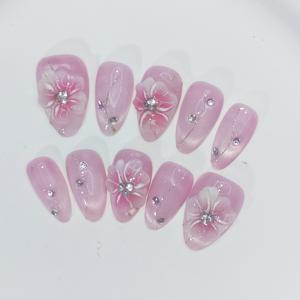 TEMU 10개입 수제 유럽풍 꽃 네일아트 - 핑크 벚꽃 프레스온 네일, 아몬드형 미디엄 길이, 광택 처리, 웨딩, 파티, 데일리웨어용 - 봄 여름 네일 연장, 여성용