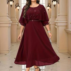 TEMU 플러스 사이즈, 플러스 사이즈 여성용 우아한 솔리드 컬러 라운드넥 반팔 라인스톤 장식 드레스