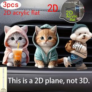 TEMU 2D 플랫 - 고양이와 강아지를 디자인한 새로운 플랫 아크릴 아이템 3종 세트 (차량용 향기 디퓨저, 향기 사첼 미포함, 무향), 통풍구 클립, 차량용 에어 커터 장식, 장식에 적합, 배터리 없음