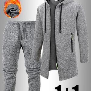 TEMU 남성 캐주얼 스포츠 의상, 드로스트링과 지퍼가 있는 긴 후드 재킷과 테이퍼드 팬츠 (허리 주머니 및 드로스트링 포함)로 구성된 세련된 투피스 세트