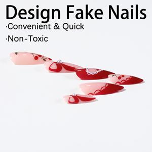 TEMU 24개입 레드 프렌치 스타일 아몬드 프레스온 네일, 레드 프렌치 스타일과 리본, 하트와 체리 패턴, 귀엽고 우아한 레이스 엣지 디자인, 발렌타인데이 추천, 젤리 글루 1개와 네일 파일 1개 포함