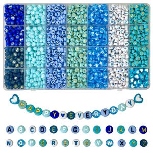 TEMU 1400개 고품질 블루 시리즈 화이트, 블랙, 골든 레터 비즈 및 하트 모양 아크릴 비즈 | 수제 팔찌, 목걸이 제작용 쥬얼리 메이킹 세트 - 보관 상자 포함 발렌타인데이 선물
