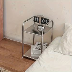 TEMU 모던 스테인리스 스틸 사이드 테이블 (수납 공간 포함) | 은색 침대 옆 캐비닛, 가정용 정리 랙, 조립 불필요, 공간 절약형 디자인, 소파 및 주방 사용에 적합