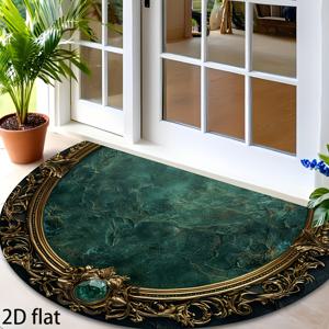 TEMU 고급스러운 2D 플랫 반원형 현관 매트, 원형 금색 테두리, 폴리에스터 소재, 현관, 복도, 정원 및 주방에 적합