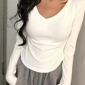 TEMU 달콤하고 매콤한 여성용 화이트 숄더핏 티셔츠, 봄가을 로우넥 슬림핏 베이스 레이어, 롱슬리브 V넥 탑