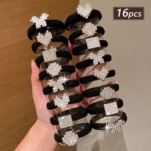 TEMU 8개/16개 한국 스타일 여성용 대형 화이트 라인스톤 블랙 타월 루프 헤어 타이, 라인스톤 무봉제 헤어밴드, 일상 사용에 적합