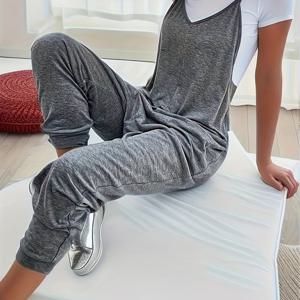 TEMU 여성용 패션 단색 루즈핏 멜빵 브이넥 점프수트