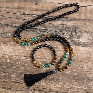 TEMU 8mm 블랙 오닉스 옐로우 타이거 아이 아프리카 파인 비드 목걸이 108 말라 주얼리