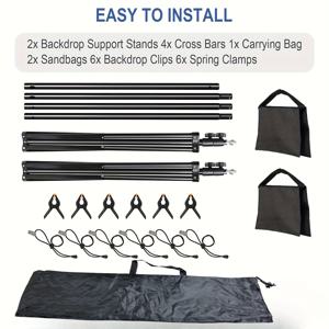 TEMU 포토 스튜디오 배경 지지대 시스템, 10ft x 7ft ( x 2.1m), 10ft x 8.5ft ( x 2.6m), 10ft x 10ft ( x ) – 세 가지 사이즈 선택 가능, 조절 가능한 스탠드 포함, 스프링 클램프 6개, 배경 클립 6개, 샌드백 2개 및 캐리백 제공, 초상화/스튜디오 촬영/비디오 파티/행사/풍선 장식용