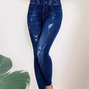 TEMU [프린팅 팬츠 - 데님 원단 아님] 디렉셔널 스타일 이미테이션 데님 하이웨이스트 홀 패턴 바지 패션 캐주얼 미국 및 유럽 레깅스 심리스 아웃웨어