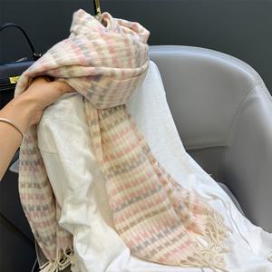 TEMU 여성용 한국 스타일 신상 체크 스카프, 가을/겨울용 따뜻한 롱 숄, 다용도 두꺼운 학생용 넥 워머