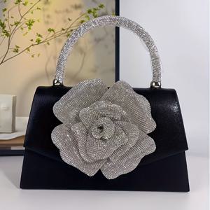 TEMU 유럽 및 미국 스타일 핸드헬드 드릴 백, 국경 간 라인스톤 장식 장미꽃, 슈퍼 인기 연회용 가방, 크로스바디 프렌치 스타일 가방