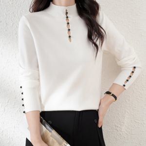 TEMU 여성용 새로운 가을/겨울 긴팔 단색 비즈 베이스 셔츠, 하프 하이넥 숏 홀우드 스웨터 탑