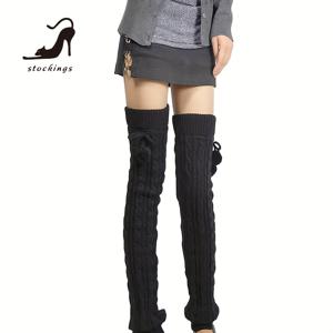 TEMU 가을/겨울 스타일: 케이블 디자인의 긴 두꺼운 따뜻한 발 커버, 폼폼이 달린 무릎까지 오는 부츠 커버, 포근한 레그 워머 한 쌍