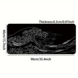 TEMU 일본식 블랙 바다 물결 디자인의 대형 마우스 패드. 게이밍, 학습, 사무용으로 적합하며, 스티치 처리된 가장자리와 고무 베이스가 장착되어 있습니다.