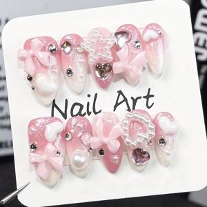 TEMU 매력적인 하트 디자인의 핸드메이드 인조 손톱 10개 세트, 귀여운 핑크색 네일 패치 포함 (여성용)