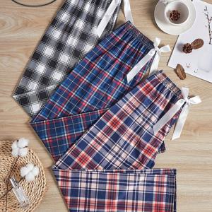 TEMU 여성용 세트 파자마 - 리본 벨트와 체크 프린트. 편안한 소재와 루즈핏으로 쾌적한 하루를 선사합니다. 정교한 체크 패턴이 돋보이는 신축성 허리밴드 바지로 포근하고 편안한 수면복 및 라운지웨어 세트