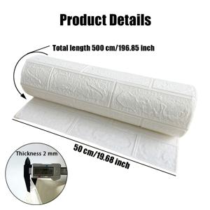 TEMU 50cm/19.7인치 x 500cm/196.85인치 흰색 벽돌 패턴 3D 자가 점착 벽 스티커 1롤, 방수 및 가정용 벽지, 부드러운 패딩 벽 보호 벽지, 침실용 포근한 폼 벽돌 리모델링 벽지