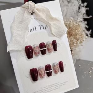 TEMU 10개 수제 네일, 빨간 별, 짧은 사다리, 수제 라이트 럭셔리 브라이덜 네일, 고급스러운 분위기, 화이트, 패셔너블하고 대담한 인조 네일 패치