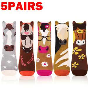 TEMU 여성을 위한 5 쌍의 우아한 말 주제 양말 - 아름다운 만화 말 디자인, 편안한 야외 니트, 말을 사랑하는 사람, 어머니, 청소년을 위한 완벽한 선물, 축제 선물 아이템|재미있는 동물 프린트|스트레치 소재