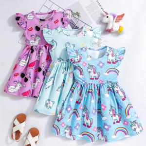 TEMU 세트 3개 소녀 귀여운 유니콘 프린트 휴가 드레스, 편안하고 시원한 여름 드레스, 일상적인 외출용