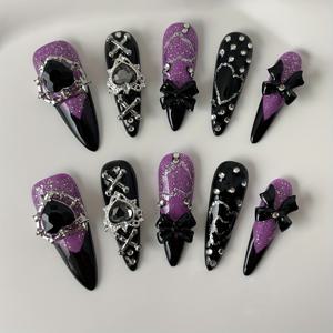 TEMU 핸드메이드 시부야 스타일 엣지리얼 롱 아몬드 모양 다크 퍼플 하트 네일 아트, 탈부착 및 착용 가능한 글리터 포함