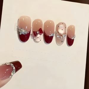 TEMU 핸드메이드 10pcs 프레스온 네일 레드 캣아이 프렌치 스타일 리본 글리터 딥 레드 라인스톤 네일 아트 핫셀링 핸드메이드 프레스온 네일 세트 탈착식 네일 신상 발레 네일 엘롱게이트 핑거 패션 네일 장식 네일 풀커버 네일 세트 파티 프롬 데일리 웨어 프레스온 네일 재사용 가능 1개 젤리 글루 및 1개 네일 파일 포함