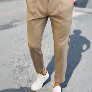 TEMU 남성 슬림핏 스트레치 롱 팬츠 - 라이트 브라운, 편안하고 스타일리시함, 비즈니스 캐주얼에 적합, 세탁기 사용 가능, 주름 방지 원단, 클래식 디자인, 플리츠 디테일