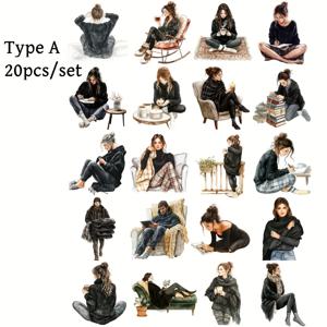 TEMU 20개/세트 수제 창의적인 수채화 레트로 흑백 옷, 집에서 차 마시기, 일기 쓰기, 책 읽기 시리즈 고품질 스티커 - 쓰레기 일기장 노트북 스크랩북 장식용 DIY 커팅 북 스티커