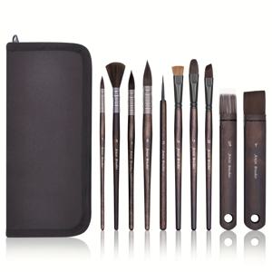 TEMU 10개입 전문가용 아크릴 나일론 손잡이 브러쉬 세트 - 아티스트를 위한 전문가용 페인팅 키트, 아크릴, 유화, 수채화 및 과슈에 적합, 초보자 및 페인터에게 이상적, 뛰어난 흡수력과 부드러움 (커피 B)