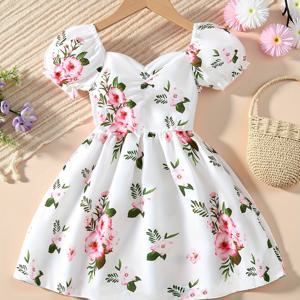TEMU 여아용 스타일리시한 플로럴 프린트 드레스, 어린이를 위한 생일 및 휴일 선물, 귀엽고 달콤한 스타일의 아동용 캐주얼 아우터웨어, 통기성 좋고 편안한 패셔너블한 여아 의류