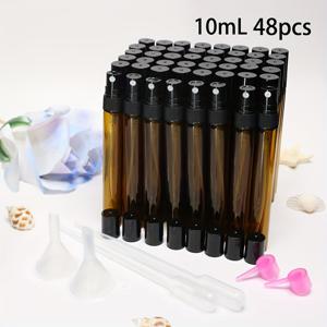 TEMU 호박색 스프레이 병 48개 + 무료 액세서리 6개 세트, 갈색 유리 향수 분무기, 미니 휴대용 메이크업 수분 공급 및 향수 리필용기, 재사용 가능, 세럼, 향수, 에센셜 오일용, 여행 필수품