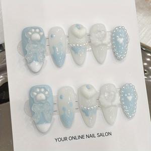 TEMU 10개 세트 수제 블루 앤 화이트 귀여운 리본 모양 인조 손톱, 아몬드 스타일, 고양이 발가락 및 진주 하트 디자인, 우아하고 매력적, 간편한 탈부착