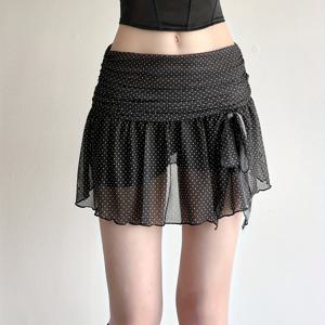 TEMU 컬러 블록 러플 A라인 스커트 (내장 쇼츠 포함), 코리안 큐트 플리츠 허리밴드, 도트 프린트 메쉬 패치워크 스커트, Y2K 스타일|치마바지