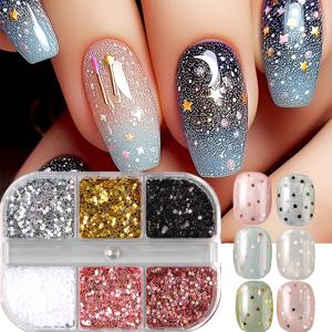 TEMU 6구획 네일 참 미니 컬러풀 스타 홀로그래픽 골드 실버 블랙 화이트 핑크 장식 아트 시퀸 매니큐어 액세서리