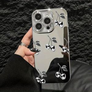 TEMU 크리에이티브 실버리 체리 패턴 미러 휴대폰 케이스, 아이폰 16 Pro Max/16E/15 Pro/14 Plus/13/12/11 Pro용, 낙하 방지 및 내구성, 스타일리시한 디자인, 고급스러운 하이엔드 보호 커버